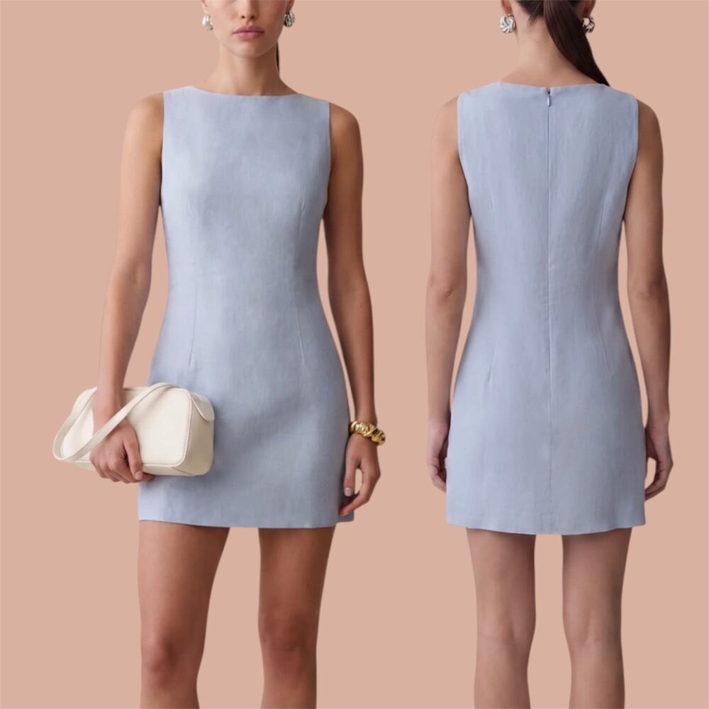 Few Moda Lauren Linen Dress Light Blue Sheath High Neck Mini Sz Small Minimalist